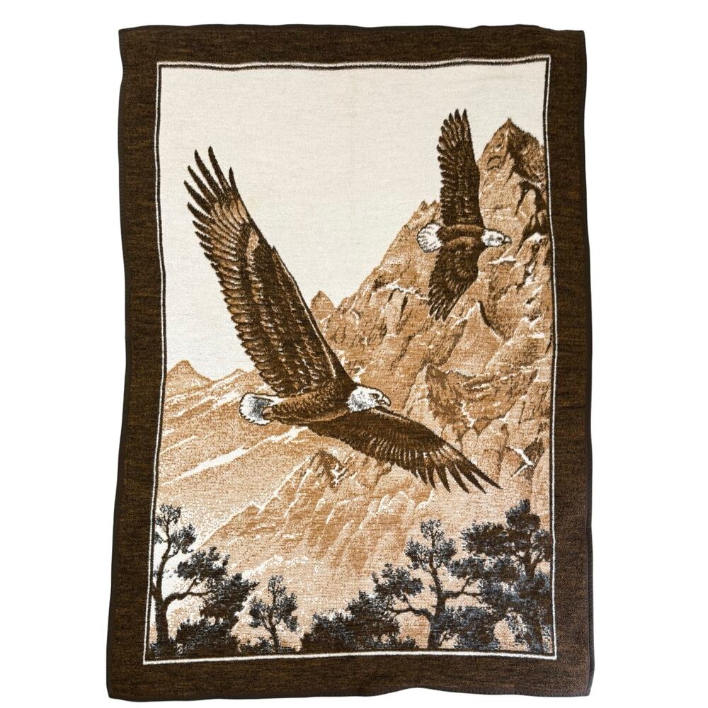 Vintage Biederlack Bald Eagles Reversible Fleece Throw Blanket 54x78 Brown USA